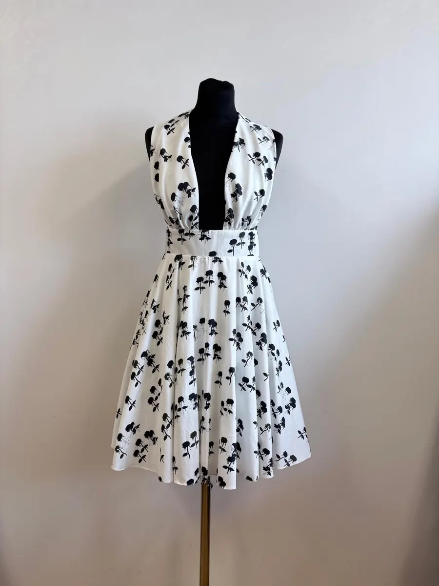 White and black rose print halter dress made in the studio